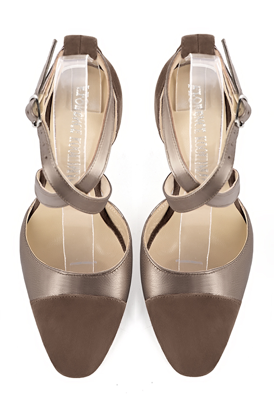 Chocolate brown and tan beige women's open side shoes, with crossed straps. Round toe. Medium comma heels. Top view - Florence KOOIJMAN